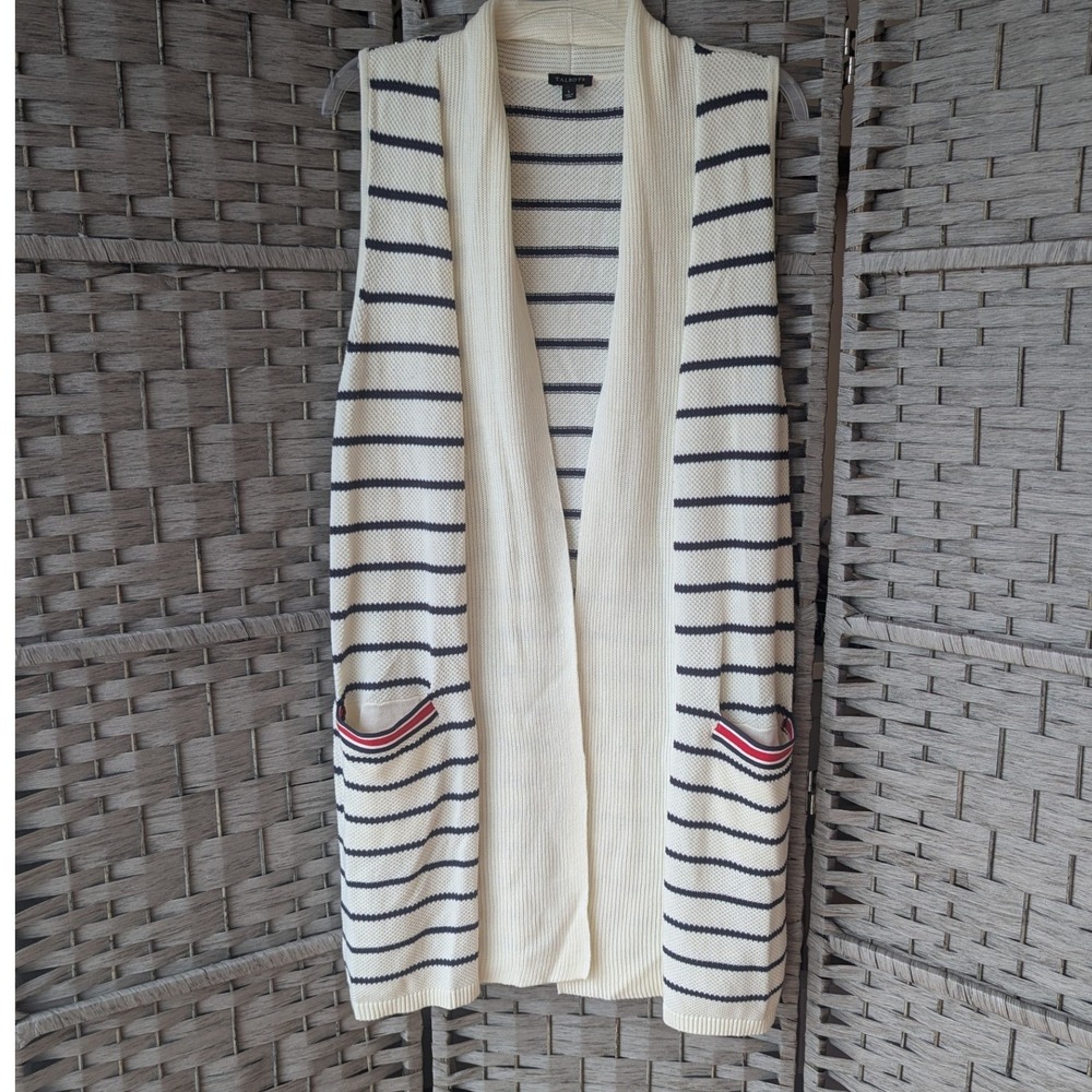 Talbots Sweater Vest Ivory Navy Red Striped Longline Duster Open Front Sz L EUC
